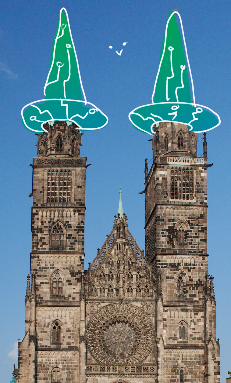 Lorenzkirche mit Haecksenhüten auf den Türmen